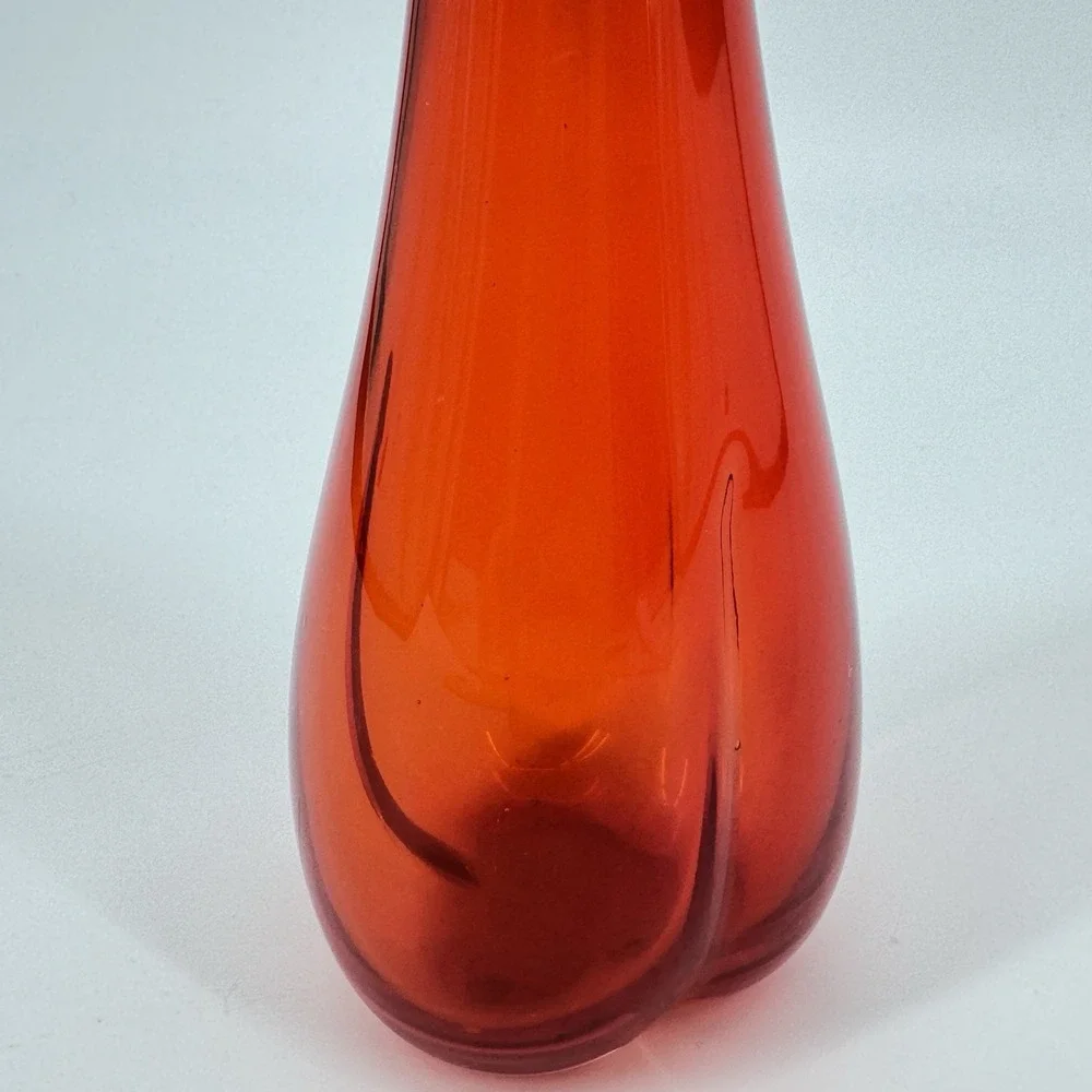 Vintage Red Orange Art Glass Vase Hand Blown Sculptural Flared Rim 12